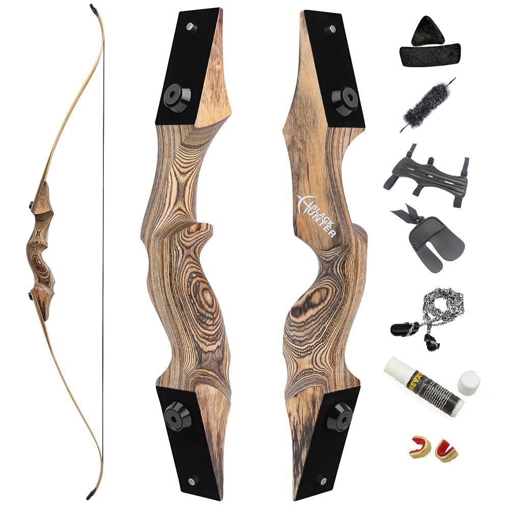 60 Inch Black Hunter Original Recurve Bow 20-60lbs Traditional Wood Longbow Right and Left Handed American Hunting Longbow for Outdoor Hunting Shooting (30 Lbs, Wood/Right Handed)