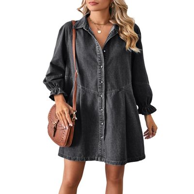 chouyatou Women's Button Down Denim Shirt Dress Lantern Long Sleeve Tiered Baydoll Jean Mini Dress (Small, Black Gray)