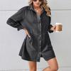 chouyatou Women's Button Down Denim Shirt Dress Lantern Long Sleeve Tiered Baydoll Jean Mini Dress (Small, Black Gray) view 2