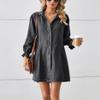 chouyatou Women's Button Down Denim Shirt Dress Lantern Long Sleeve Tiered Baydoll Jean Mini Dress (Small, Black Gray) view 4