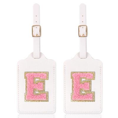 2 Pack Personalized Initial Luggage Tags for Suitcases with Chenille Letter, Cute Leather Luggage Tag Monogrammed Tags for Baggage Bag Travel Gifts for Women Kids Teens(White_E)
