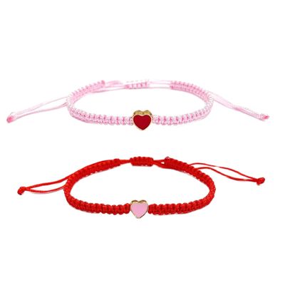 2Pcs/Set Colorful Heart Beaded Matching Bracelets Sweet Heart Braided Adjustable Bracelets Couple Friendships Long Distance Bracelets for Lover Best Friends-Pink+Red
