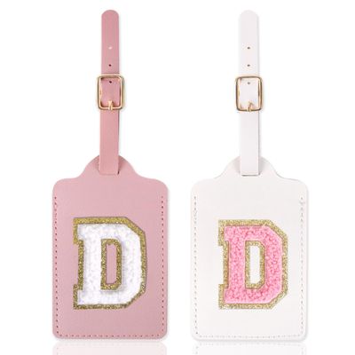 2 Pack Personalized Initial Luggage Tags for Suitcases with Chenille Letter, Cute Leather Luggage Tag Monogrammed Tags for Baggage Bag Travel Gifts for Women Kids Teens(Pink+White_D)