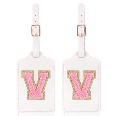 2 Pack Personalized Initial Luggage Tags for Suitcases with Chenille Letter, Cute Leather Luggage Tag Monogrammed Tags for Baggage Bag Travel Gifts for Women Kids Teens(White_V)