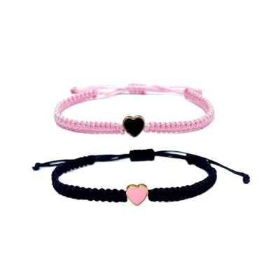 2Pcs/Set Colorful Heart Beaded Matching Bracelets Sweet Heart Braided Adjustable Bracelets Couple Friendships Long Distance Bracelets for Lover Best Friends-Pink+Black