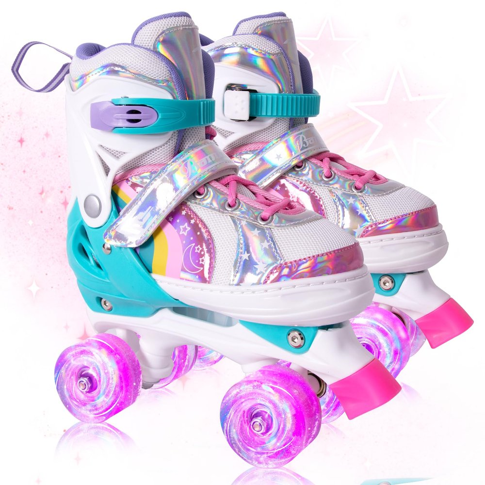 Fotoumgl Roller Skates for Kids Girls Boys, 4 Size Adjustable Rainbow Toddler Rollerskates with 8 Full Light up Wheels, Safe and Fun for Children Beginners, Outdoor Indoor Sports