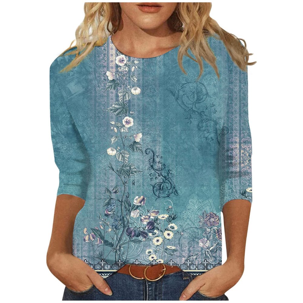 3/4 Sleeve Womens Tops Summer 2025 Trendy Medium Green Round Neck Casual Basic Elbow Daily Blouse Floral Print T Shirts Loose Fit Three Quarter Sleeve Blouses