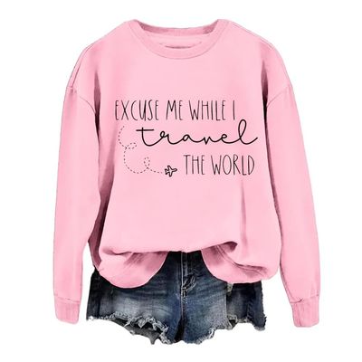 MOGUI Excuse Me While I Travel The World Sweatshirt Women Excuse Me While I Travel The World Sweatshirt Casual Vintage Tshirts Funny Crewneck Pullover, Medium, Sakura
