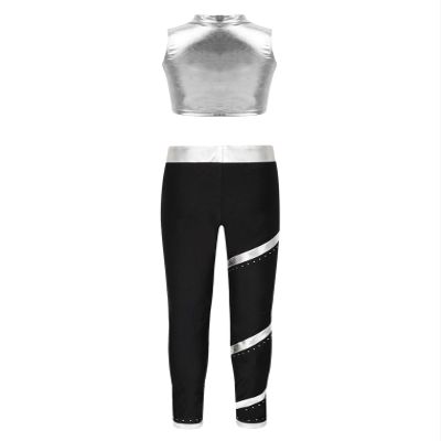 YEAHDOR Kids Girls 2 Piece Dance Set Metallic Sleeveless Tank Top with Skating Legging Ice Skating Gymnastic Outfit Silver 10 Years