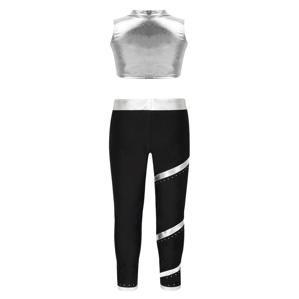 YEAHDOR Kids Girls 2 Piece Dance Set Metallic Sleeveless Tank Top with Skating Legging Ice Skating Gymnastic Outfit Silver 10 Years