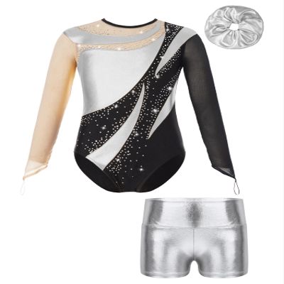 Aislor Kids Girls Shiny Rhinestone Mesh Long Sleeve Gymnastics Leotard Tumbling Bodysuit and Metallic Shorts Hair Band Silver 8 Years