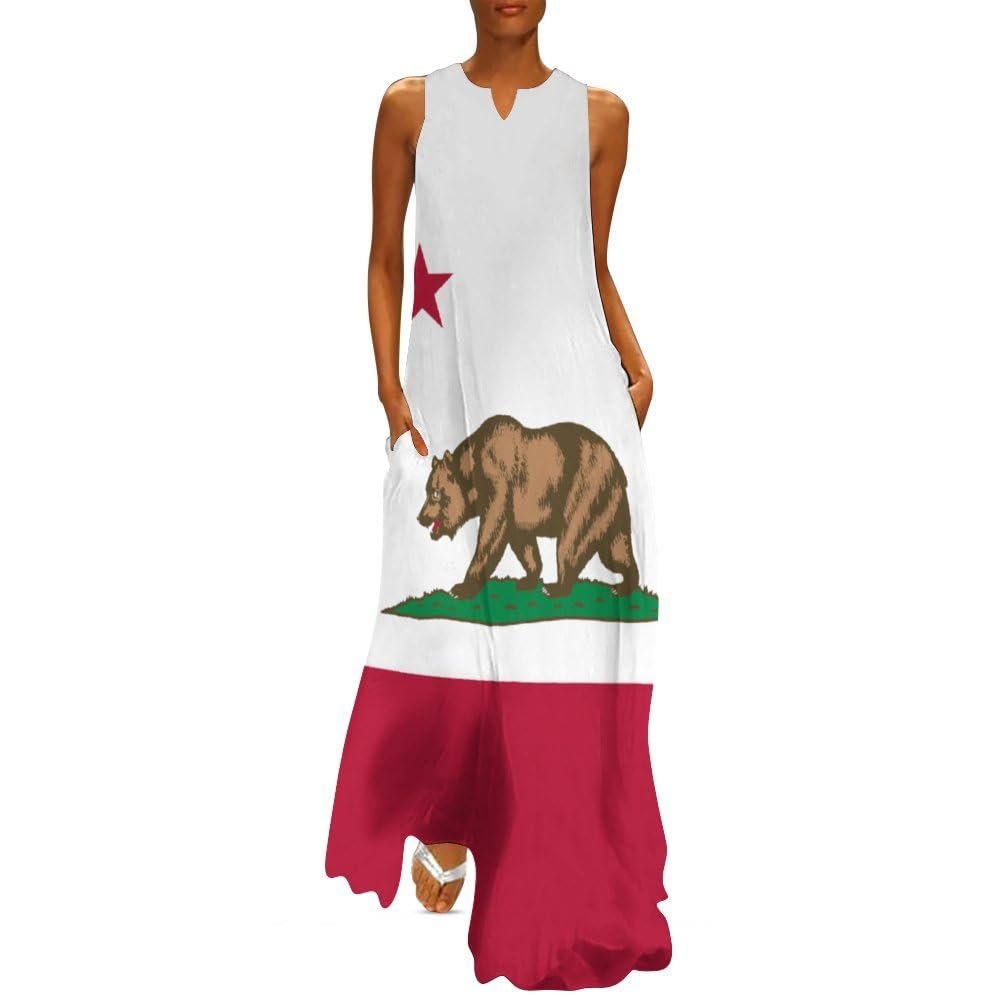California Flag Women's Short Sleeve Maxi Dresses Casual Long Loose Dresses with Pockets S