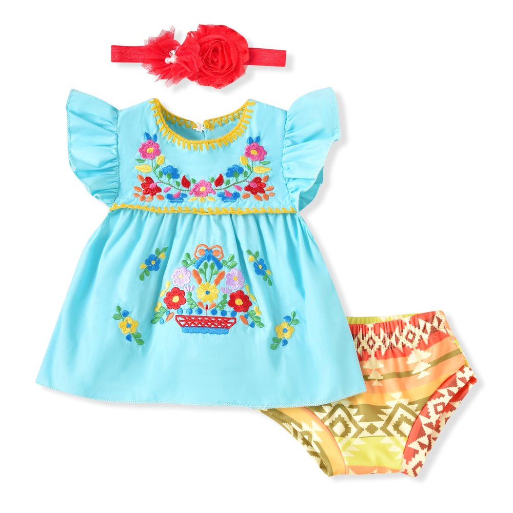 3 Month Infant Baby Girl Embroidery Mexican Dress Ethnic Wear Ruffle Sleeve Sundress Cinco De Mayo Fiesta Outfits 3-6 Months Mint Green