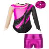 Aislor Kids Girls Shiny Rhinestone Mesh Long Sleeve Gymnastics Leotard Tumbling Bodysuit and Metallic Shorts Hair Band Hot Pink 8 Years view 1