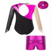 Aislor Kids Girls Shiny Rhinestone Mesh Long Sleeve Gymnastics Leotard Tumbling Bodysuit and Metallic Shorts Hair Band Hot Pink 8 Years view 2