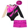 Aislor Kids Girls Shiny Rhinestone Mesh Long Sleeve Gymnastics Leotard Tumbling Bodysuit and Metallic Shorts Hair Band Hot Pink 8 Years view 3