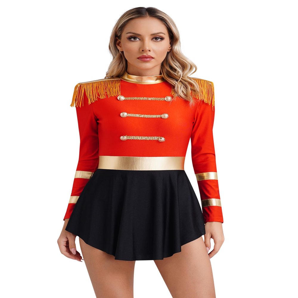 renvena Womens Tassel Shoulder Lion Tamer Costume Long Sleeve Halloween Circus Ringmaster Dress Red Large