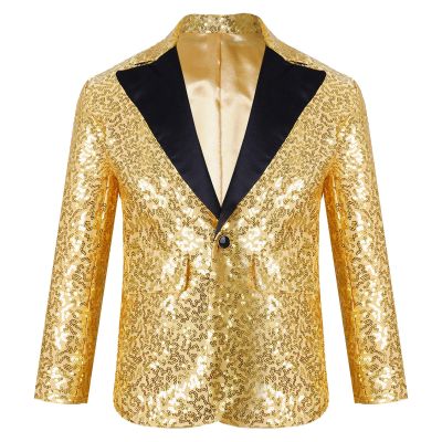 Xnihocha Kids Boys Sequin Jacket Suit Blazer Prom Tuxedo Wedding Dinner Party Tuxedo Gold 14 Years