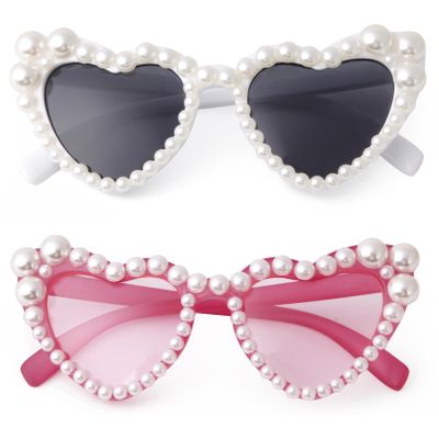 PEGH 2 Pack Kids Heart Shaped Sunglasses for Toddler Girls Pearl Party Sunglasses Cat Eye Bling Sun Glasses Age 5-10 UV 400 Protection