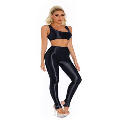 YiZYiF Women 2 Piece Workout Sets Butt Lifting Legging with Sports Bra Crop Top Jogging Yoga Outfits Glossy Black A X-Large