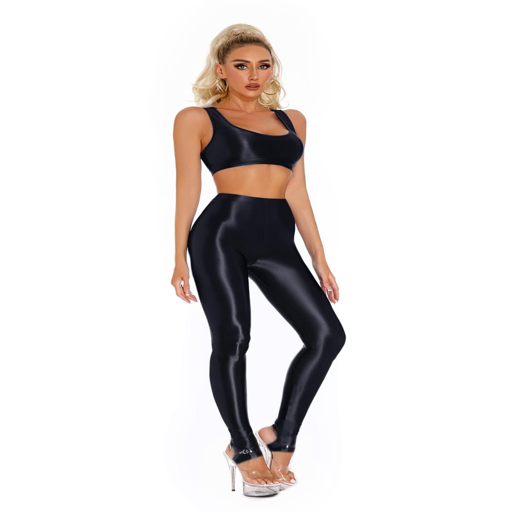 YiZYiF Women 2 Piece Workout Sets Butt Lifting Legging with Sports Bra Crop Top Jogging Yoga Outfits Glossy Black A X-Large