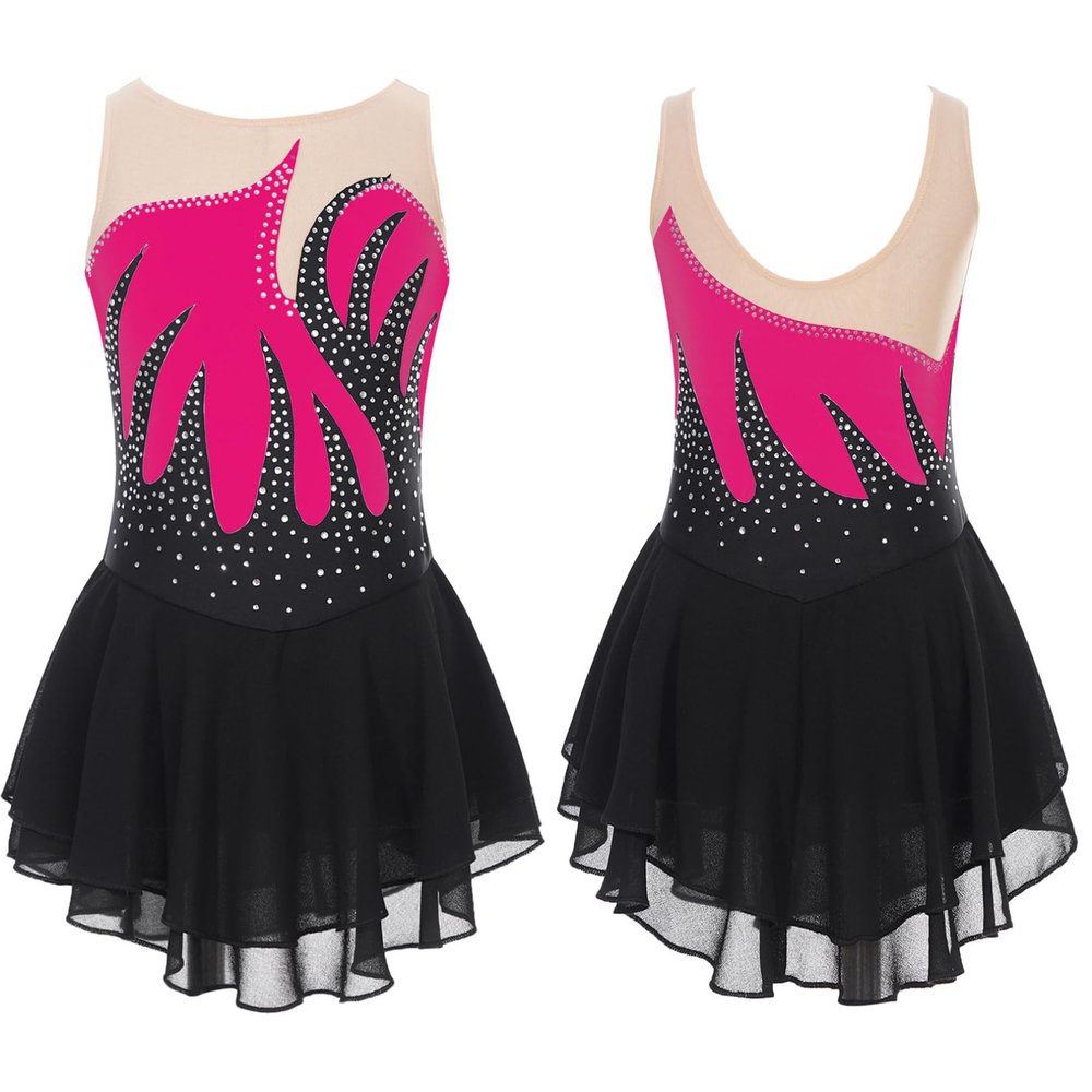 Agoky Girls Shiny Rhinestones Figure Skating Dress Ballet Lyrical Dance Costume Gymnastics Leotard Tutu Skirt Hot Pink 16 Years