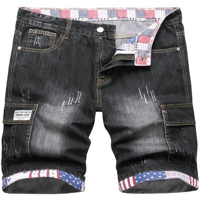 SHOOYING Men's Summer Stretch Ripped Holes Denim Cargo Short Casual Holiday Jean Shorts Fit Multi-Pocketss, Black, US 38