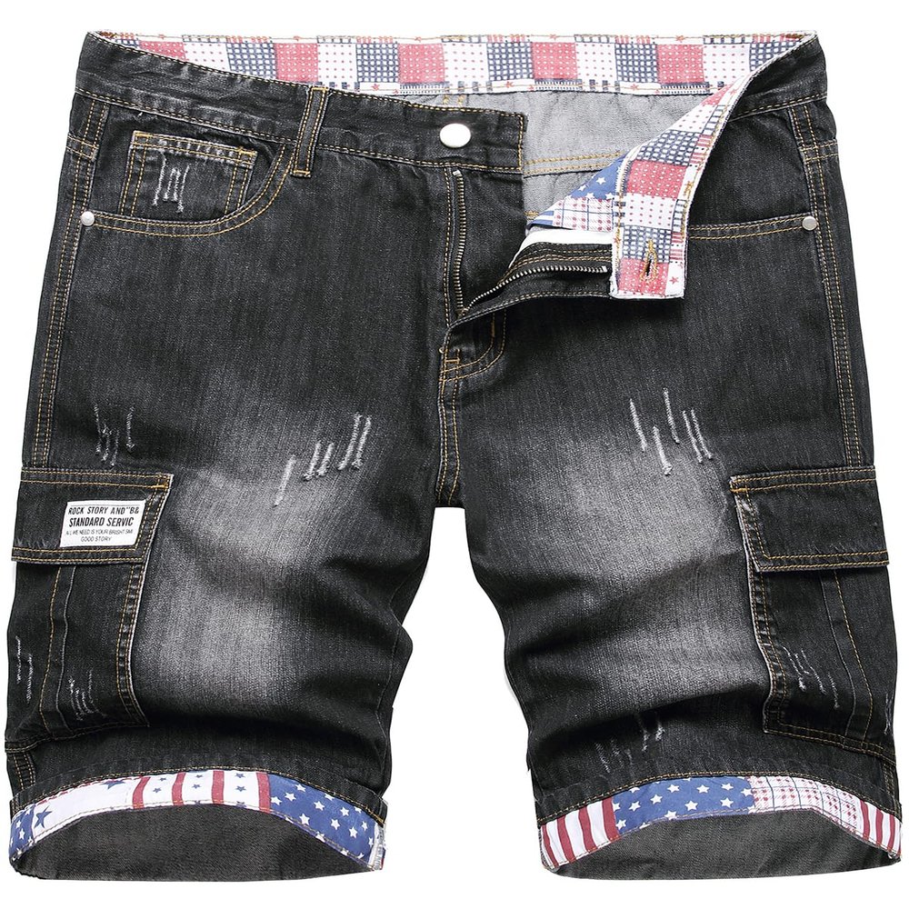 SHOOYING Men's Summer Stretch Ripped Holes Denim Cargo Short Casual Holiday Jean Shorts Fit Multi-Pocketss, Black, US 38