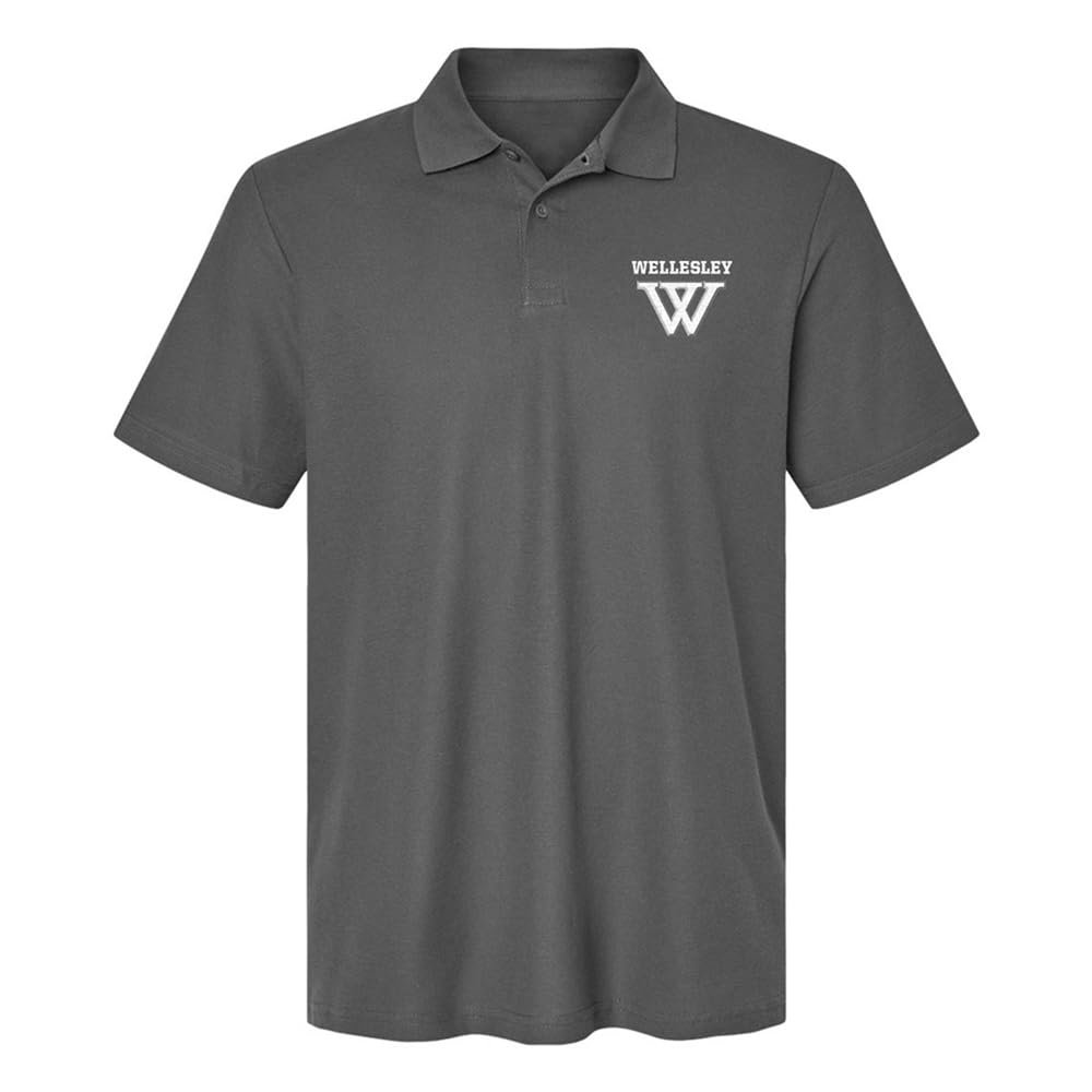 Campus Lab Wellesley College Primary Logo Mens's Adult 100% Cotton Knit Polo Shirt, Charcoal, XX-Large