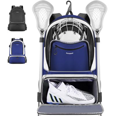 Arcoyard Extra Large Lacrosse Backpack with 2 Stick Holders, Professional Lacrosse Bag with Ventilated Cleats Compartment and Insulated Pocket, for All Lacrosse or Field Hockey Gear, Blue and White