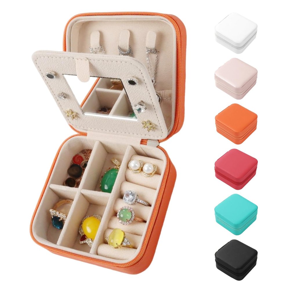 Travel Jewelry Box with Mirror, PU Leather Small Jewelry Organizer for Women Girls, Double Layer Jewelry Organizer Box, Portable Mini Travel Case Display Storage Holder Boxes Pink