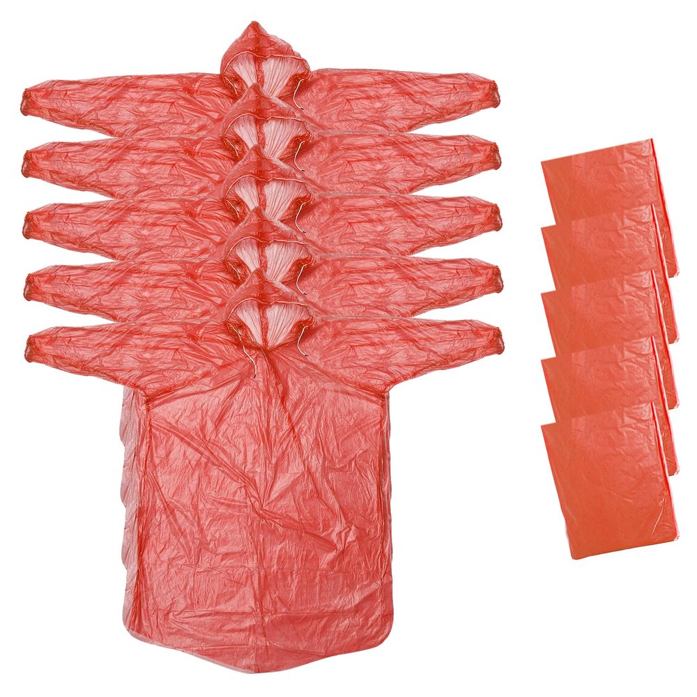 PATIKIL Rain Ponchos for Adults, 5 Pack Disposable Rain Coat for Hiking Amusement Park Outdoor Activities, Red
