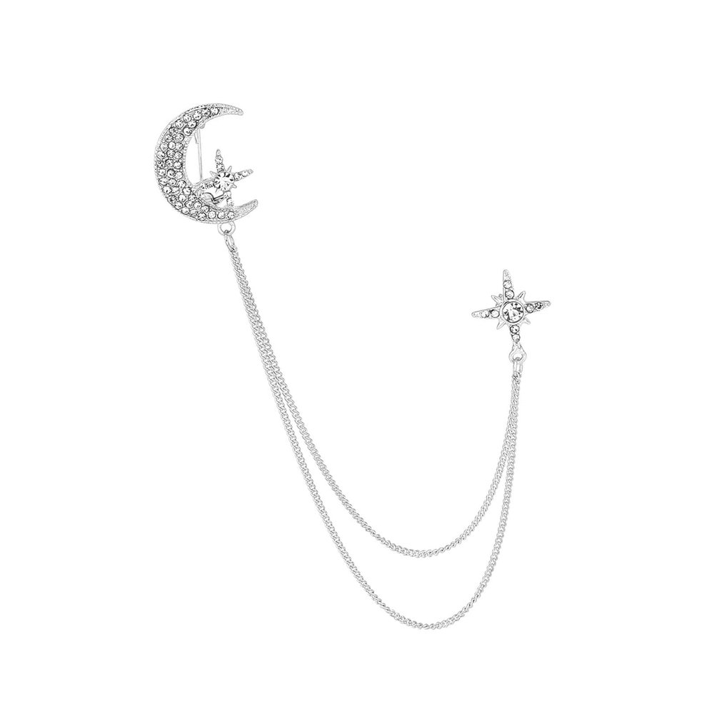 Aymzbd Chain Moon and Star Rhinestone Tassel Brooch Lapel Pin Men Novelty Suit Collar Brooch for Holiday Birthday Festivals Decor, Silver