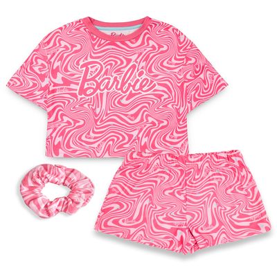 Barbie Girls Pajama Set | Childrens Wavy All Over Print Pink Short Sleeve Top & Shorts Graphic PJs Bundle with Scrunchie