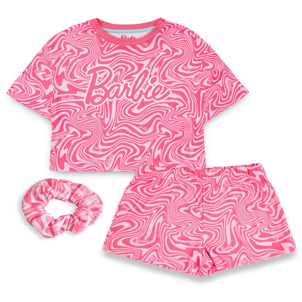 Barbie Girls Pajama Set | Childrens Wavy All Over Print Pink Short Sleeve Top & Shorts Graphic PJs Bundle with Scrunchie