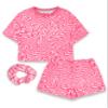 Barbie Girls Pajama Set | Childrens Wavy All Over Print Pink Short Sleeve Top & Shorts Graphic PJs Bundle with Scrunchie view 1