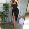 Cocktail Dresses for Women,2024 Spring Summer Elegant Sexy Skinny Wedding Guest Dress,Trendy Sequin Patchwork One Shoulder Party Dress Ruched Slit Irregular Hem Prom Dress(A-Black,M) view 2