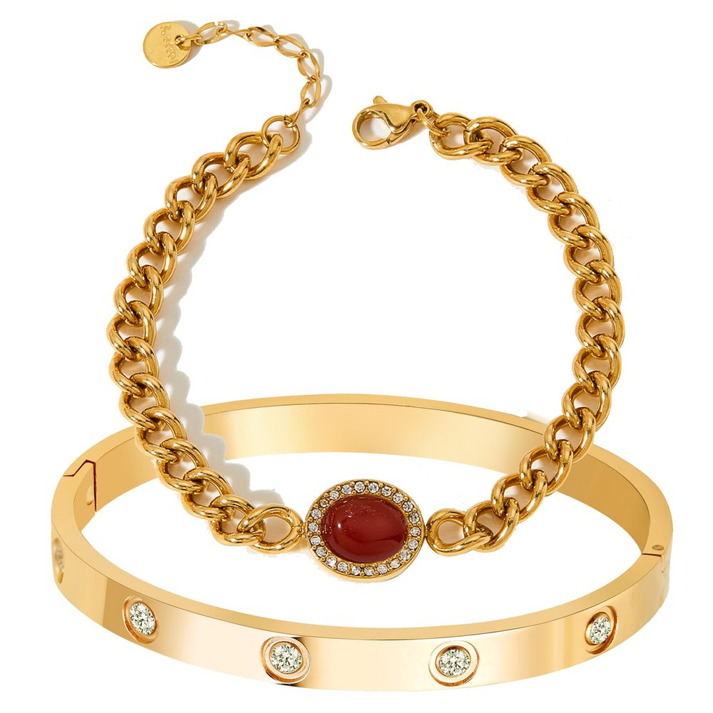 A D. ALLEN & DANMI. 18 K Gold Plated Love Bangle Bracelet Natural Stone Agate Bracelet Stainless Steel Bangle Set for Love (2 Sests (Red Stone))