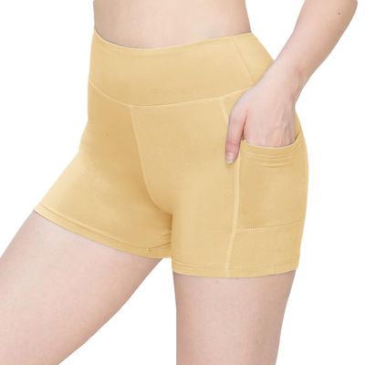 ALWAYS Women's 3" Yoga Shorts - Premium Soft Tummy Control Workout Stretch Solid Leggings Pants with Pockets Nude L