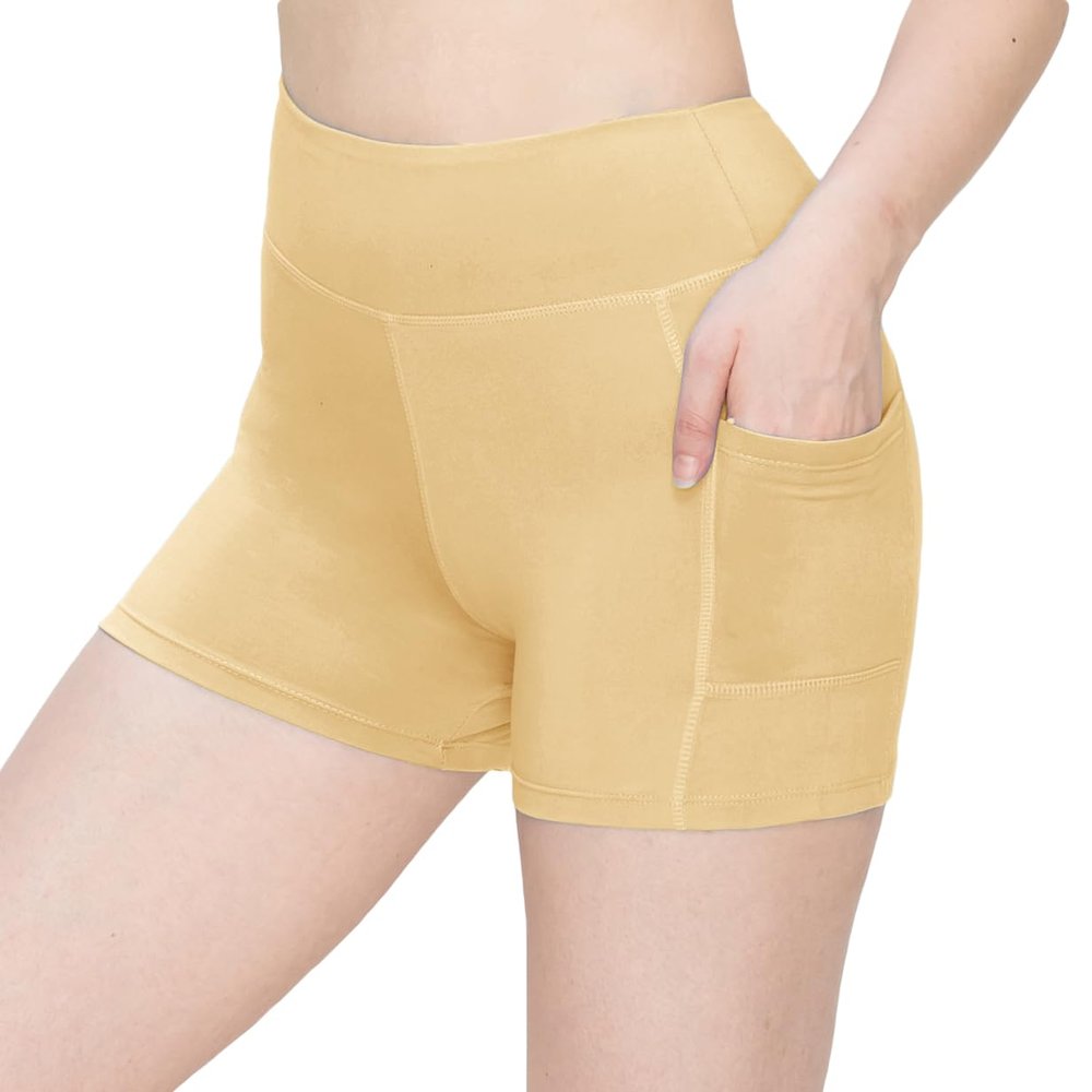 ALWAYS Women's 3" Yoga Shorts - Premium Soft Tummy Control Workout Stretch Solid Leggings Pants with Pockets Nude L