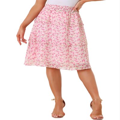 Allegra K Women's Floral Skirts Spring Smocked Elastic Waist A-Line Below Knee Length Ruffle Tiered Skirt X-Large Pinks