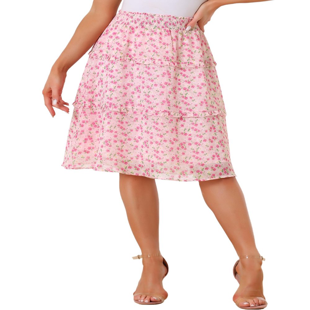 Allegra K Women's Floral Skirts Spring Smocked Elastic Waist A-Line Below Knee Length Ruffle Tiered Skirt X-Large Pinks