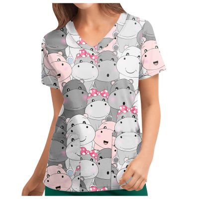 Animal Print Tops for Women Autumn Hem Hike Blouse for Women Short Sleeve Hip Slim V Neck Pocket Soft Print Polyester Scrub Gray