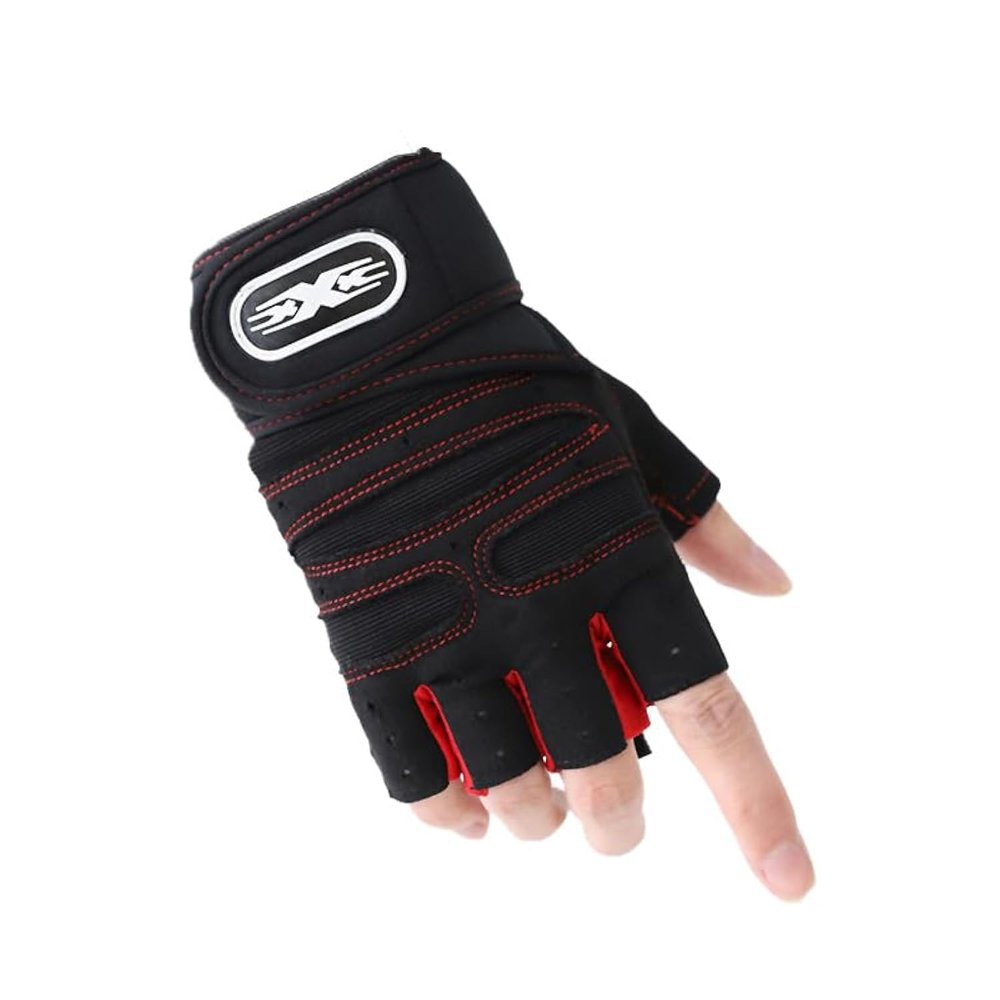 ENJHIKE Fitness Half Finger Gloves Men and Women Wrist Guard Sports Dumbbell Riding Non Slip Horizontal Bar Exercise Training (Red, XL)