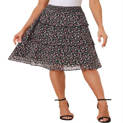 Allegra K Womens Summer Floral Chiffon Skirts Smocked Elastic Waist A-Line Below Knee Length Ruffle Tiered Skirt Medium Black1
