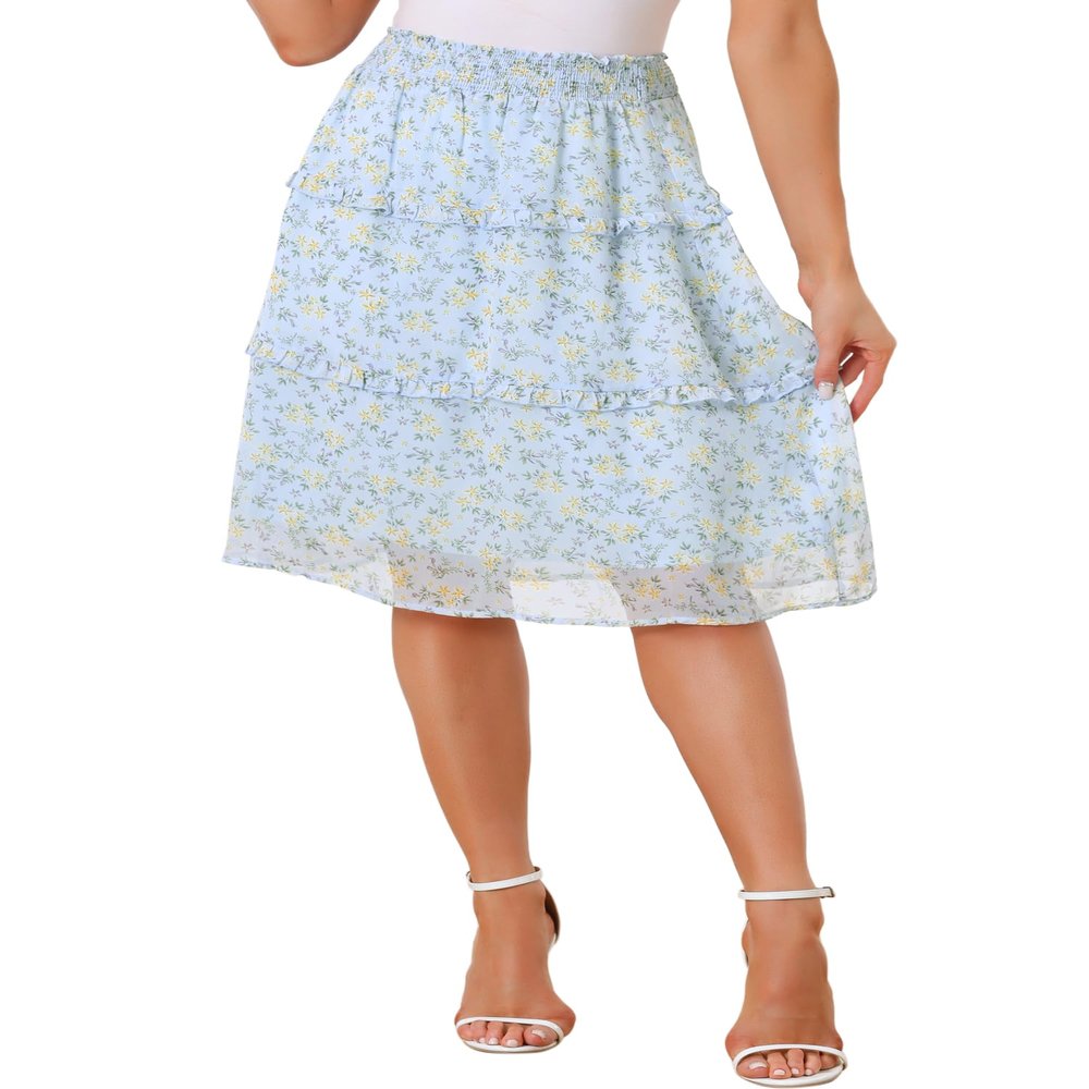Allegra K Women's Floral Skirts Spring Smocked Elastic Waist A-Line Below Knee Length Ruffle Tiered Skirt Medium Light Blue