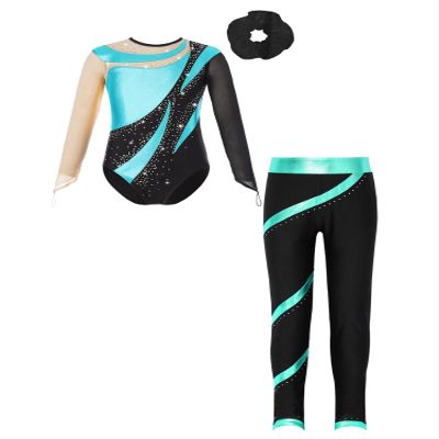 Xnihocha Kids Girls Metallic Long Sleeve Gymnastics Leotards with Athletic Leggings Headband Sets Unitard Dance Outfits Blue Green&Black 8 Years