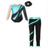 Xnihocha Kids Girls Metallic Long Sleeve Gymnastics Leotards with Athletic Leggings Headband Sets Unitard Dance Outfits Blue Green&Black 8 Years view 1
