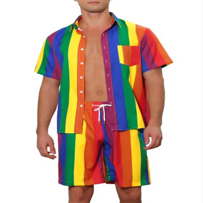 Lars Amadeus Rainbow Hawaiian Sets 2 Pieces for Men's Vacation Beach Shirt and Shorts Sets X-Large Green Yellow
