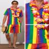 Lars Amadeus Rainbow Hawaiian Sets 2 Pieces for Men's Vacation Beach Shirt and Shorts Sets X-Large Green Yellow view 4